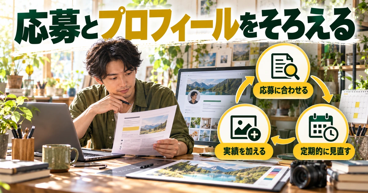 プロフィールを保存した後は、応募との一致と更新の習慣を作るを説明する生成イメージ