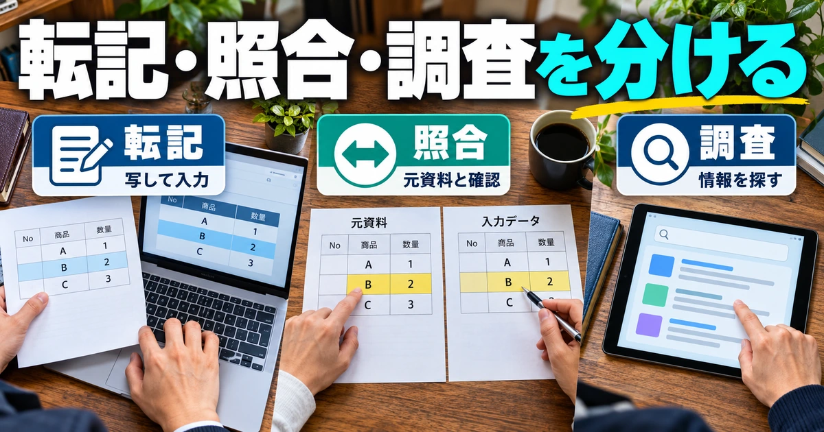 在宅ワークのデータ入力は、転記・照合・調査で仕事内容が変わるを説明する生成イメージ