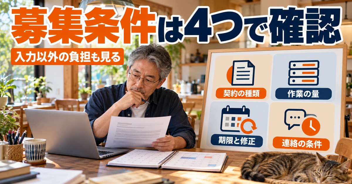募集条件を読むときは、契約の種類と作業負担を先にそろえるを説明する生成イメージ