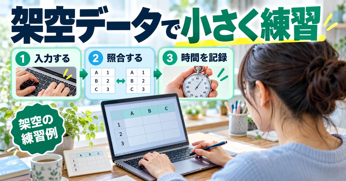 応募前は、架空データを使った小さな練習で適性を確かめるを説明する生成イメージ