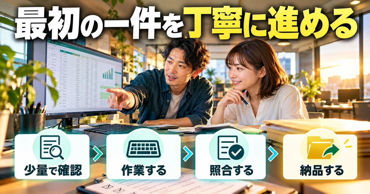 最初の一件は、小さく確認しながら納品まで進めるを説明する生成イメージ
