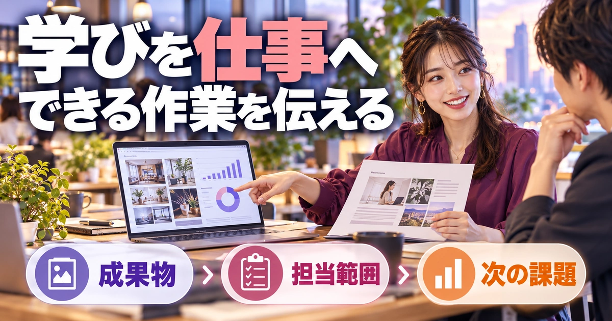 学びを仕事へ。できる作業を伝えるを説明する生成イメージ