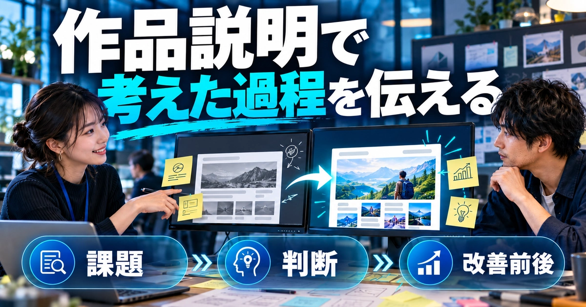 作品説明で課題・判断・改善前後を伝える方法を図解した生成画像