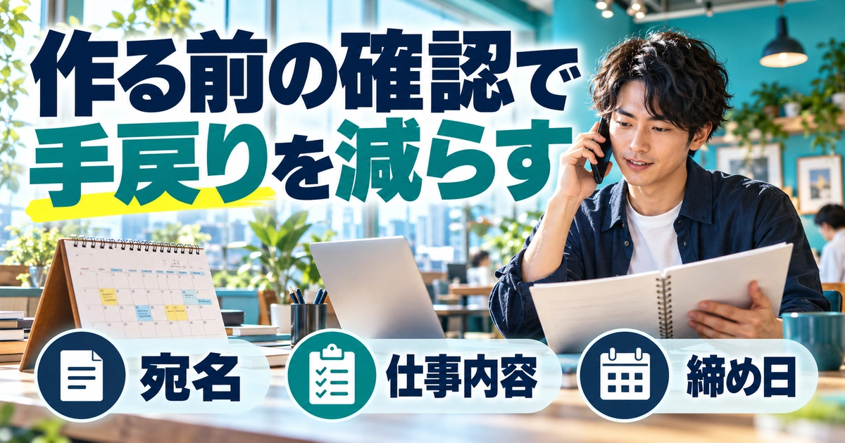作る前の確認で。手戻りを減らすを説明する生成イメージ