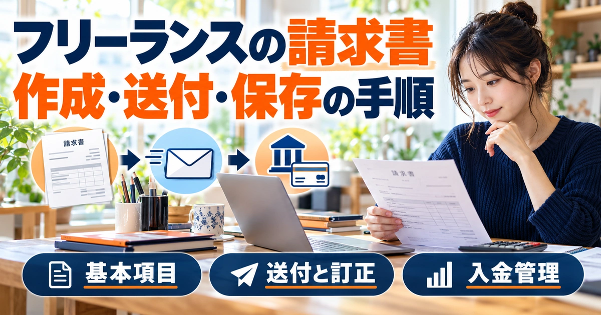 フリーランスの請求書。作成・送付・保存の手順を説明する生成イメージ