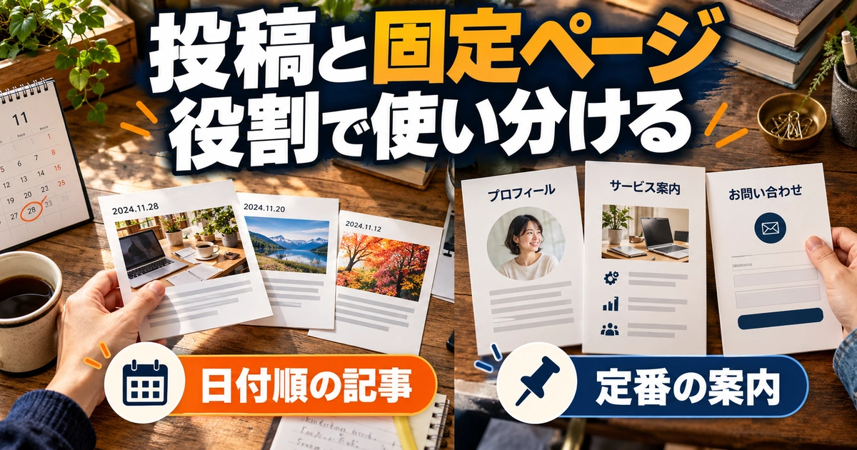 投稿と固定ページ。役割で使い分けるを説明する生成イメージ