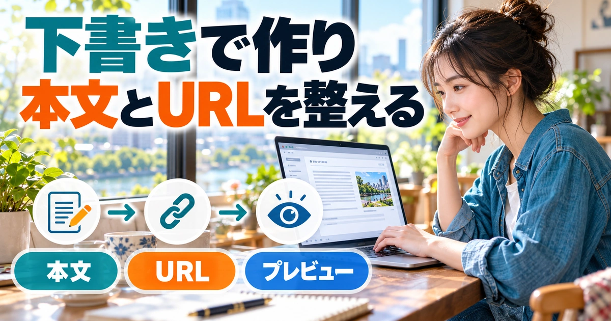 下書きで作り。本文とURLを整えるを説明する生成イメージ
