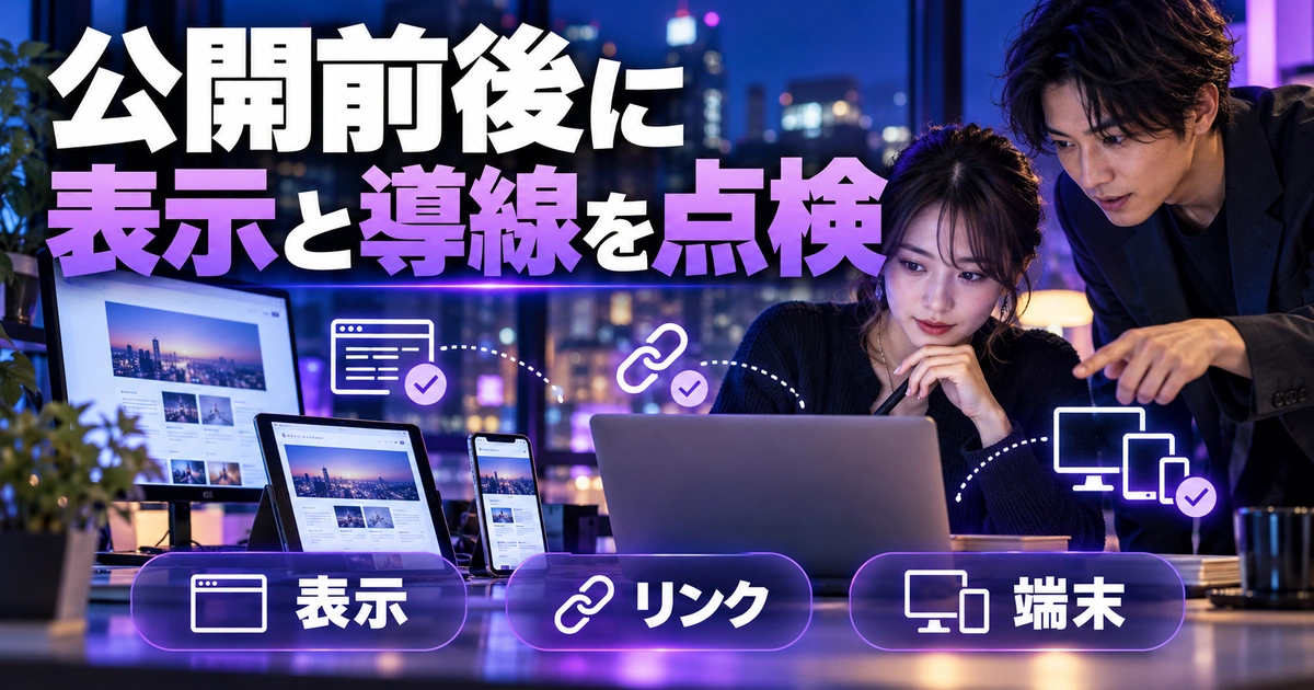 公開前後に。表示と導線を点検を説明する生成イメージ