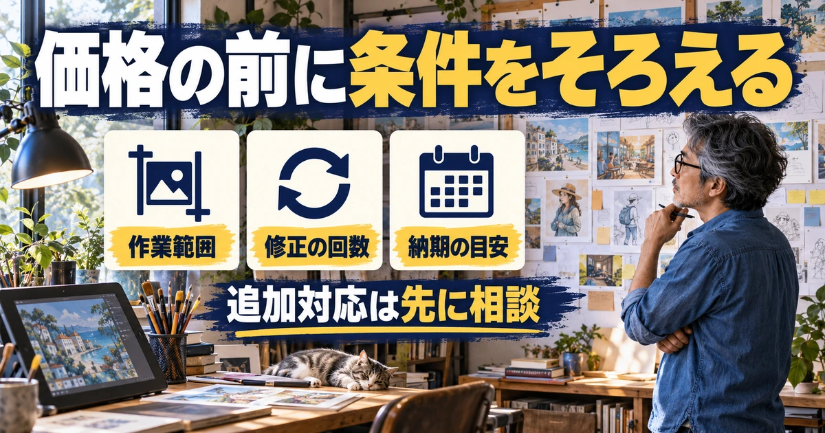 サービスの範囲と価格を考える男性の生成イメージ