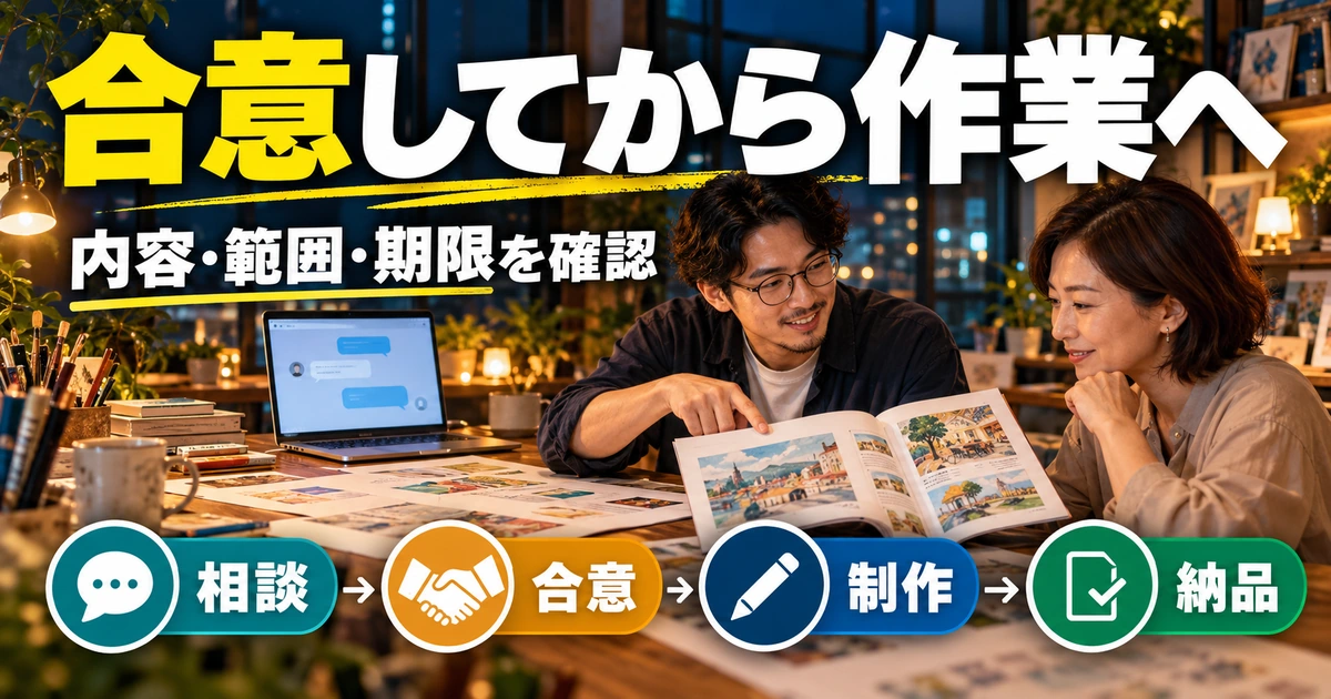 依頼内容と納品物を確認する二人の生成イメージ