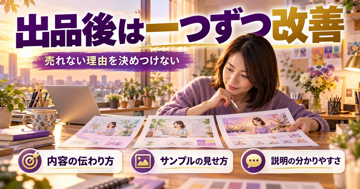 出品後の振り返りをノートにまとめる生成イメージ