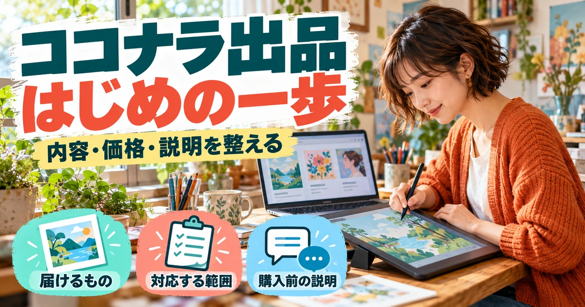 ココナラ出品のやり方｜サービス内容・価格・説明文と初回納品の進め方の生成イメージ