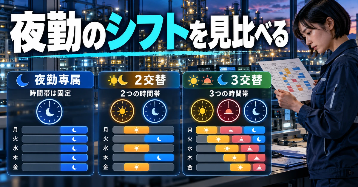 夜勤専属・2交替・3交替。時間の並びを確認を説明する生成イメージ