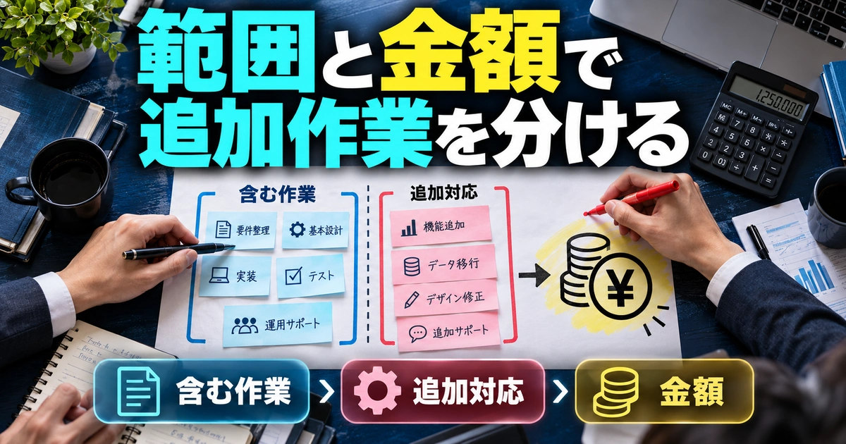 範囲と金額で。追加作業を分けるを説明する生成イメージ