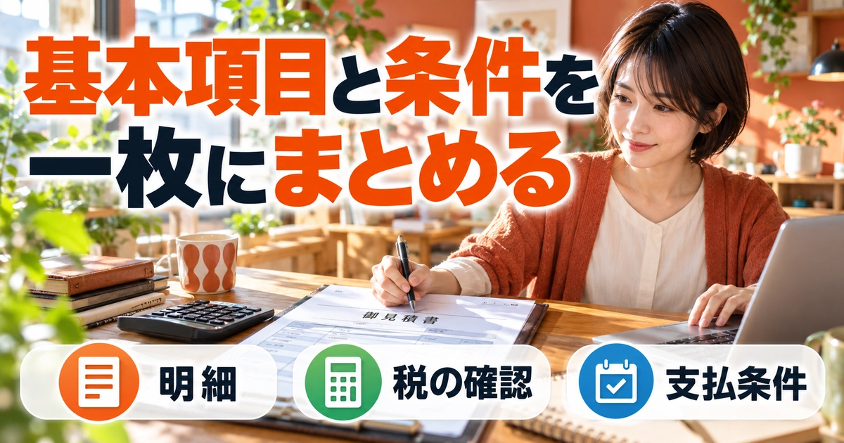 基本項目と条件を。一枚にまとめるを説明する生成イメージ