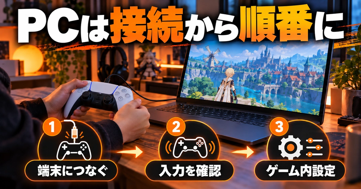 「PCは接続から順番に」をテーマに、端末につなぐ・入力を確認・ゲーム内設定を図解した生成画像