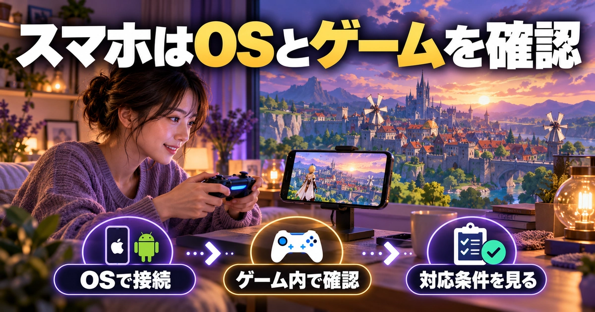 「スマホはOSとゲームを確認」をテーマに、OSで接続・ゲーム内で確認・対応条件を見るを図解した生成画像