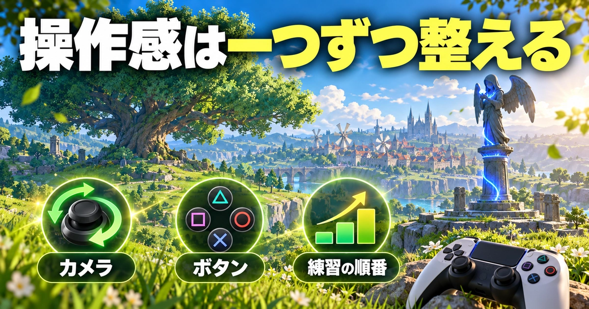 「操作感は一つずつ整える」をテーマに、カメラ・ボタン・練習の順番を図解した生成画像