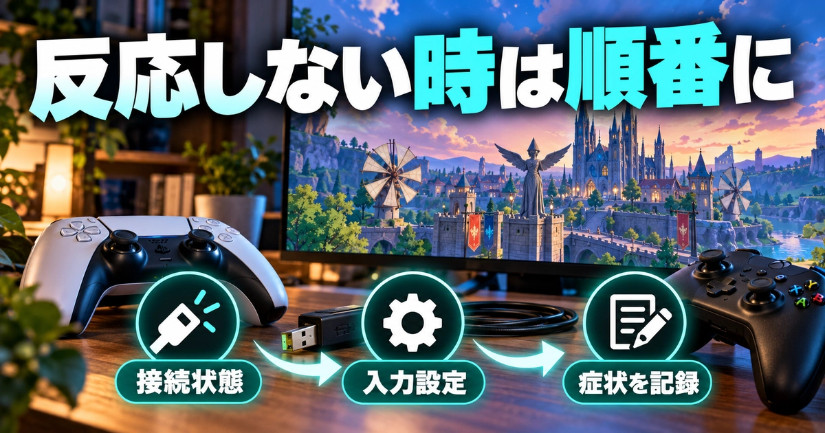 「反応しない時は順番に」をテーマに、接続状態・入力設定・症状を記録を図解した生成画像