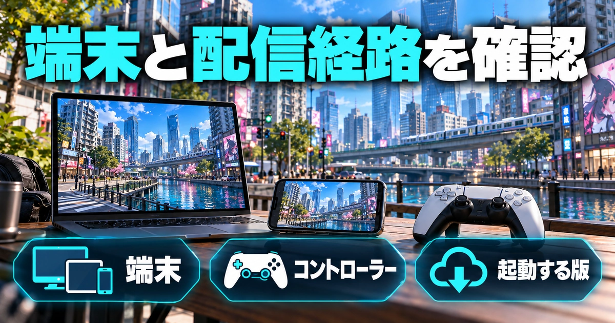 「端末と配信経路を確認」をテーマに、端末・コントローラー・起動する版を図解した生成画像