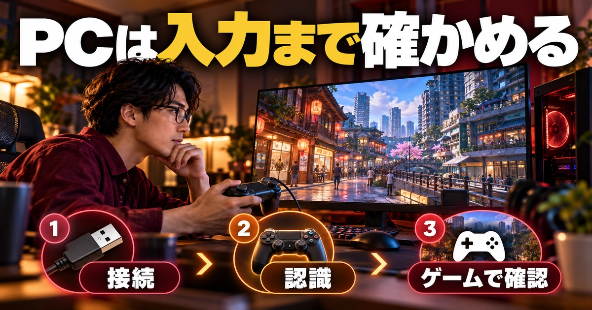 「PCは入力まで確かめる」をテーマに、接続・認識・ゲームで確認を図解した生成画像