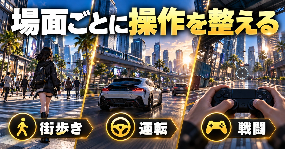 「場面ごとに操作を整える」をテーマに、街歩き・運転・戦闘を図解した生成画像