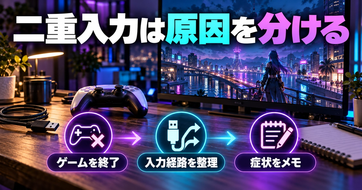 「二重入力は原因を分ける」をテーマに、ゲームを終了・入力経路を整理・症状をメモを図解した生成画像