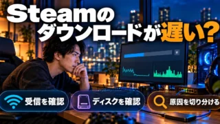 「Steamの ダウンロードが遅い？」をテーマに、受信を確認・ディスクを確認・原因を切り分けるを図解した生成画像