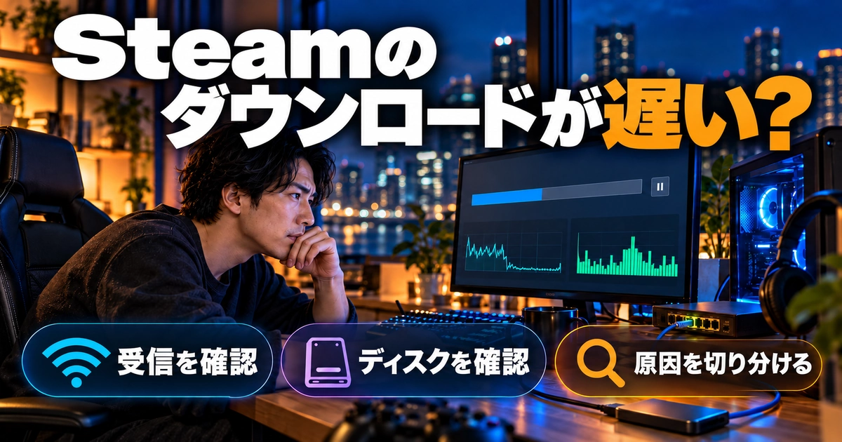 「Steamの ダウンロードが遅い？」をテーマに、受信を確認・ディスクを確認・原因を切り分けるを図解した生成画像