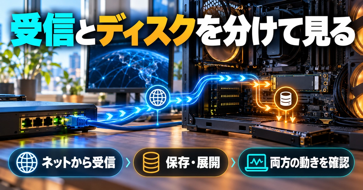 「受信とディスクを分けて見る」をテーマに、ネットから受信・保存・展開・両方の動きを確認を図解した生成画像