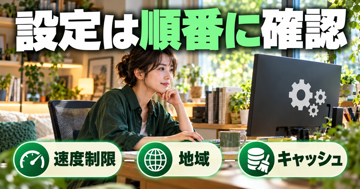 「設定は順番に確認」をテーマに、速度制限・地域・キャッシュを図解した生成画像