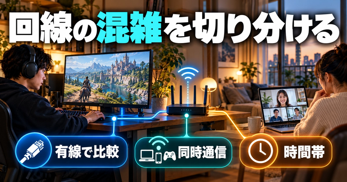 「回線の混雑を切り分ける」をテーマに、有線で比較・同時通信・時間帯を図解した生成画像