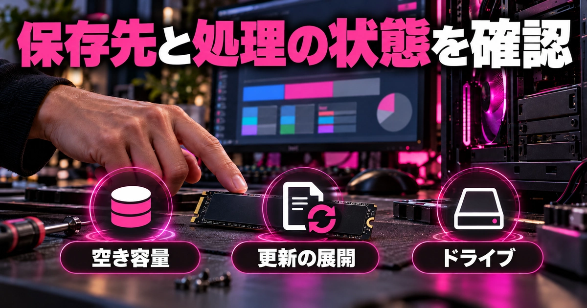 「保存先と処理の状態を確認」をテーマに、空き容量・更新の展開・ドライブを図解した生成画像