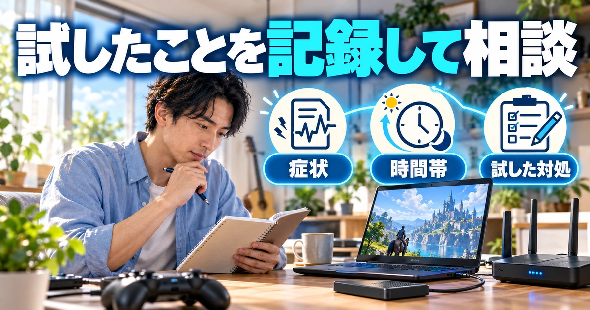「試したことを記録して相談」をテーマに、症状・時間帯・試した対処を図解した生成画像