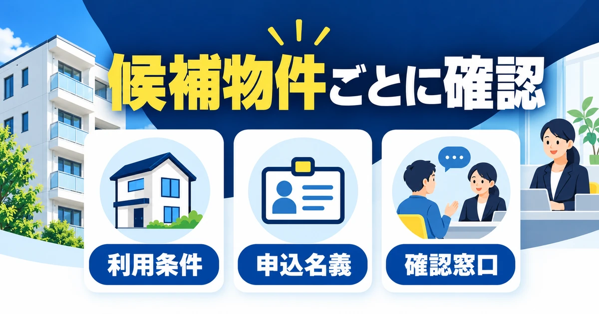 候補物件の利用条件、申込名義、確認窓口を分けて記録する図