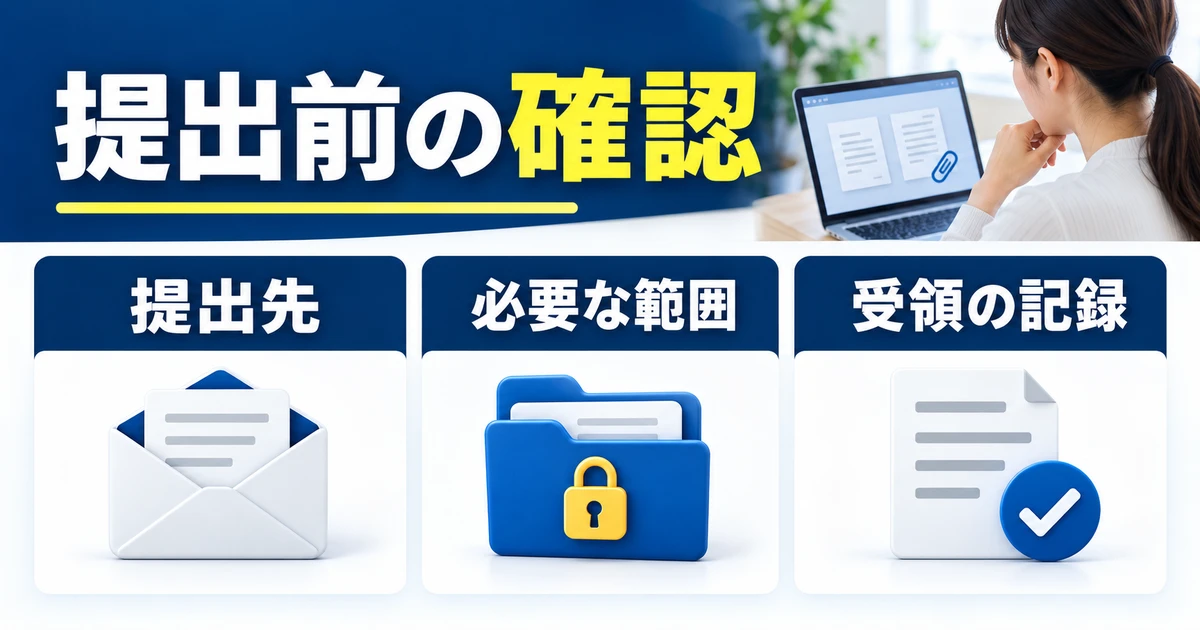 資料の提出先、必要な範囲、受領の記録を確認する図