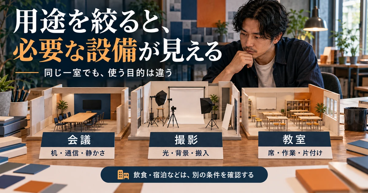 会議、撮影、教室の用途ごとに必要な設備を比較する生成画像