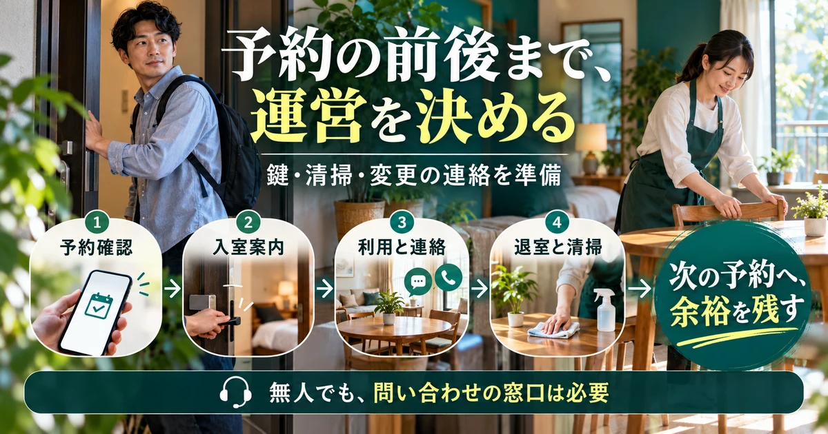 予約から入室、退出、清掃と次の予約へつなぐ運営を示す生成画像