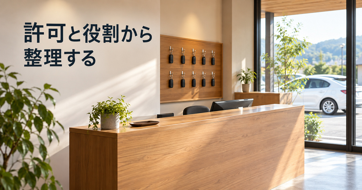 レンタカーを貸す側の受付と車両管理の役割を考えるイメージ