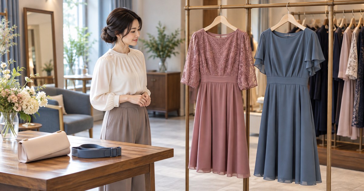 衣装とバッグなどの付属品を店主が確認する様子