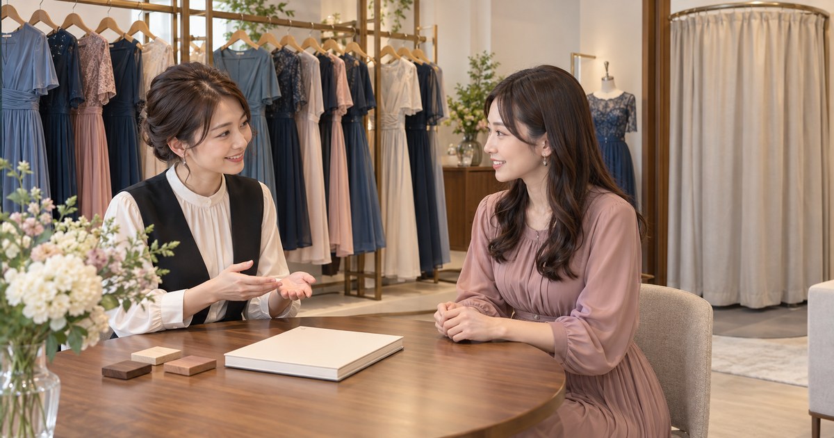 店主と成人客が衣装を借りる日程を相談する様子