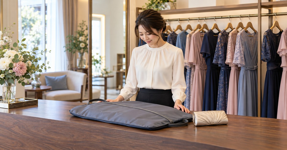 貸出しや返却の衣装と付属品をカウンターで確認する場面