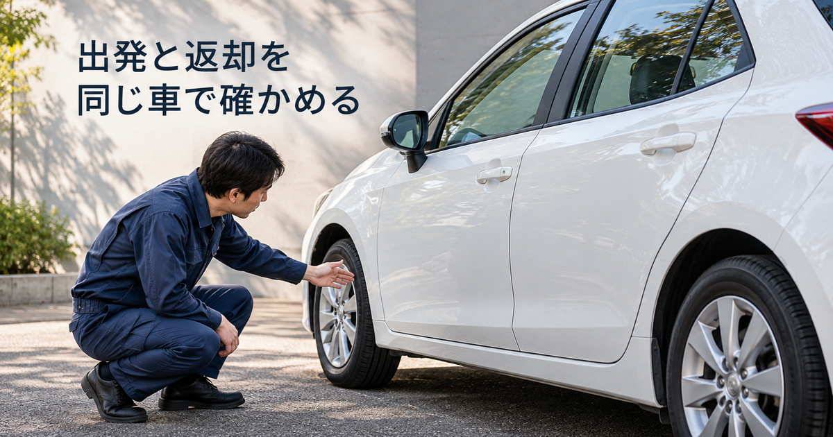 担当者が停止したレンタカーの外観を確認し引継ぎにつなげるイメージ