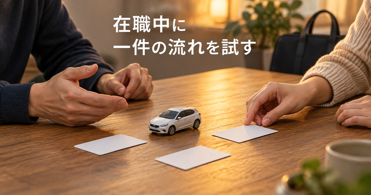 車の模型と無地のメモを使いレンタカーの一件の流れを二人で試すイメージ
