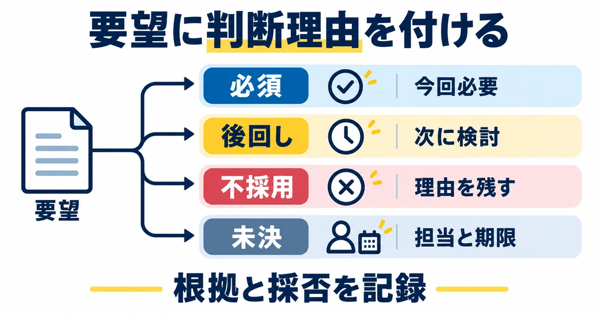 要望を必須・後回し・不採用・未決に分け、判断理由や確認担当を残す図
