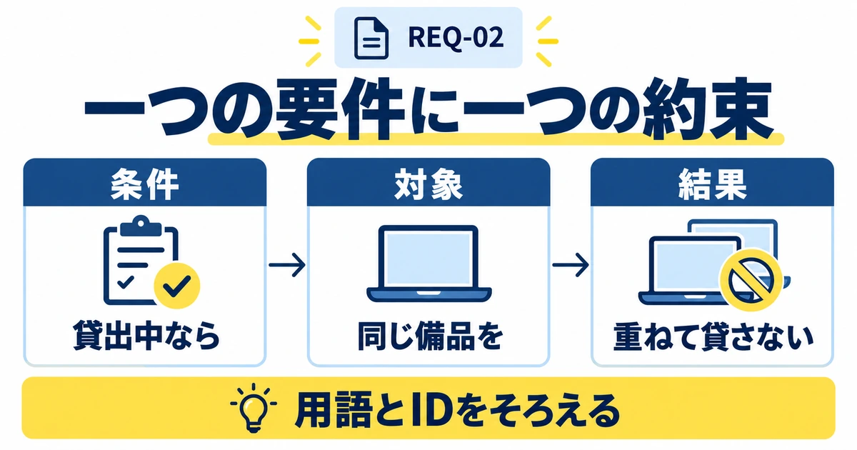 REQ-02を例に、貸出中という条件、同じ備品という対象、重ねて貸さないという結果を分ける図