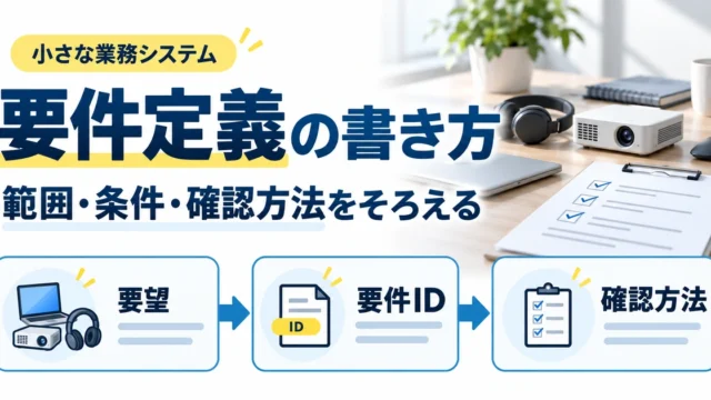 要件定義の書き方として、要望から要件ID、確認方法へつなぐ備品貸出の制作イメージ