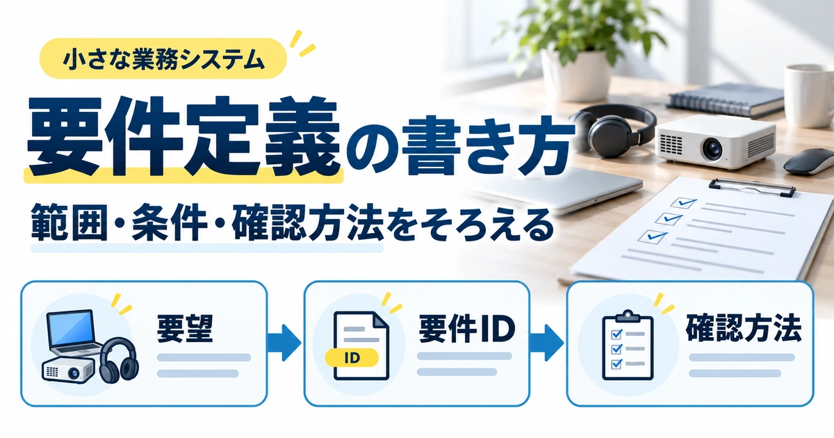 要件定義の書き方として、要望から要件ID、確認方法へつなぐ備品貸出の制作イメージ