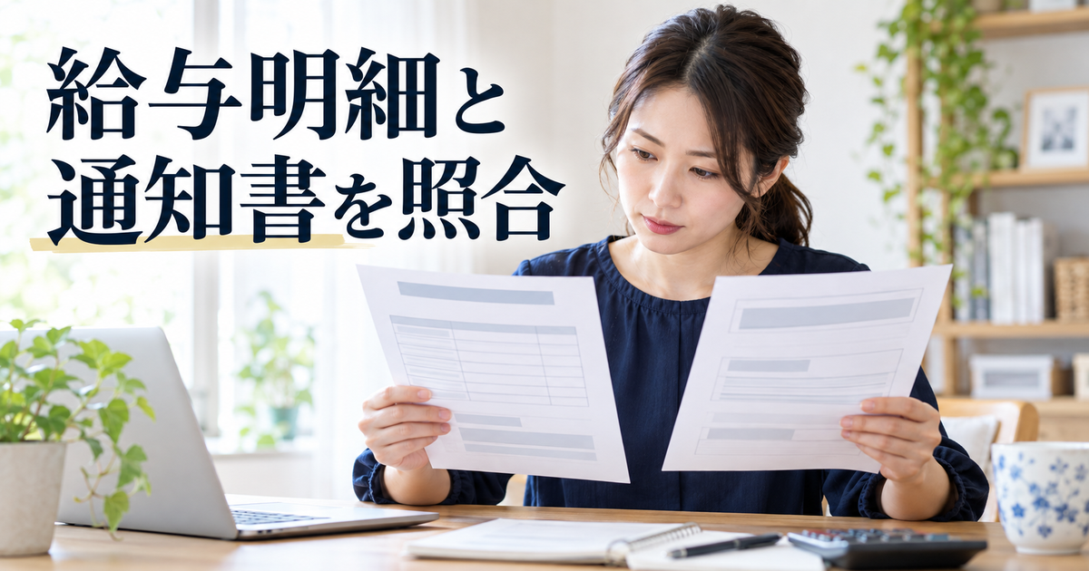 給与明細と通知書に見立てた書類を照合する女性
