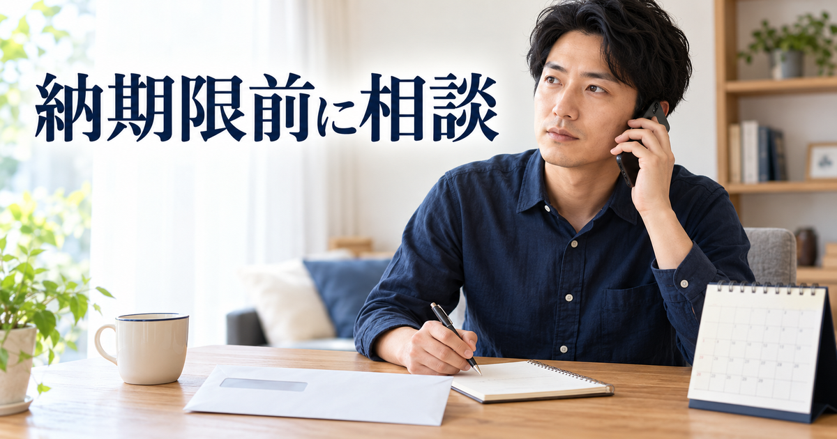書類と家計メモを用意して電話相談する男性